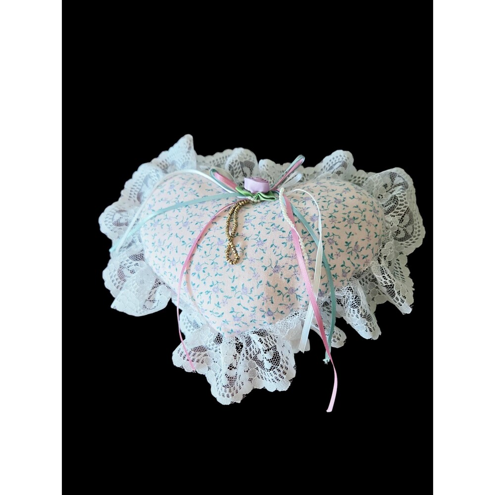 Vintage Shabby Chic Lace Heart Pillow Floral Ribbon Rose Accents Cottagecore